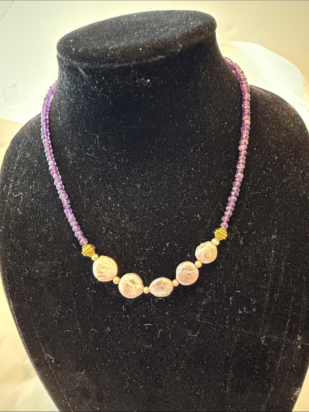 Purple Crystal Bead Necklace with Light Purple Freshwater Coin Pearls